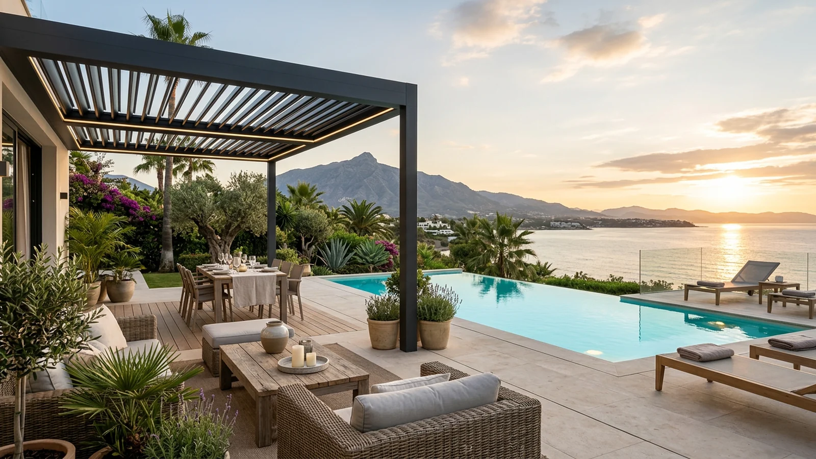 Outdoor living terrace with swimming pools in Monforte del Cid, Alicante, Spain
