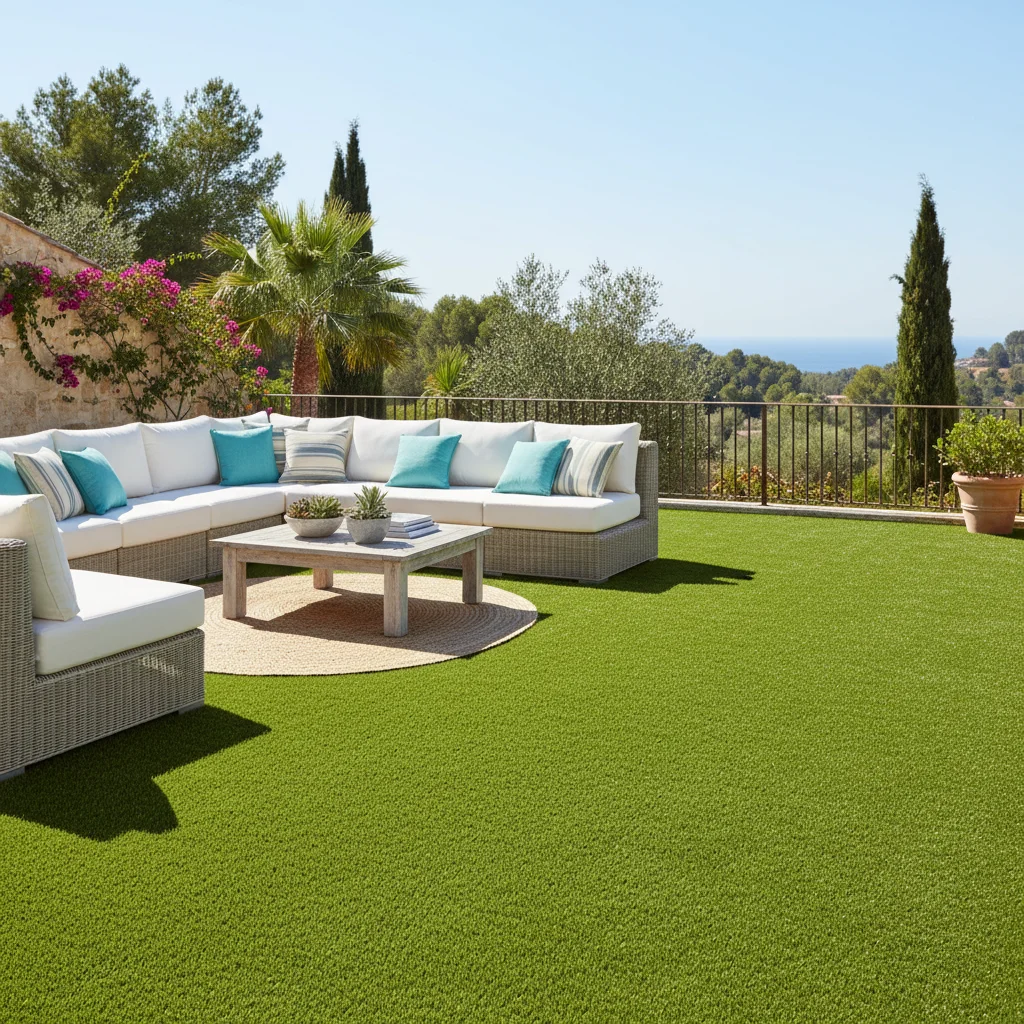 Instalación de césped artificial en una terraza mediterránea en Algorfa, Alicante