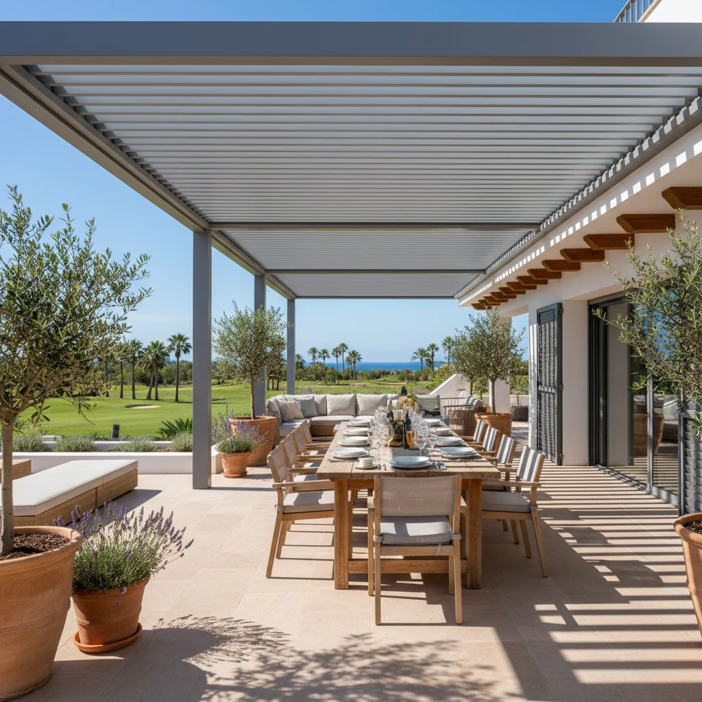 Bioclimatic Pergolas setup on a Mediterranean terrace in Algorfa, Alicante