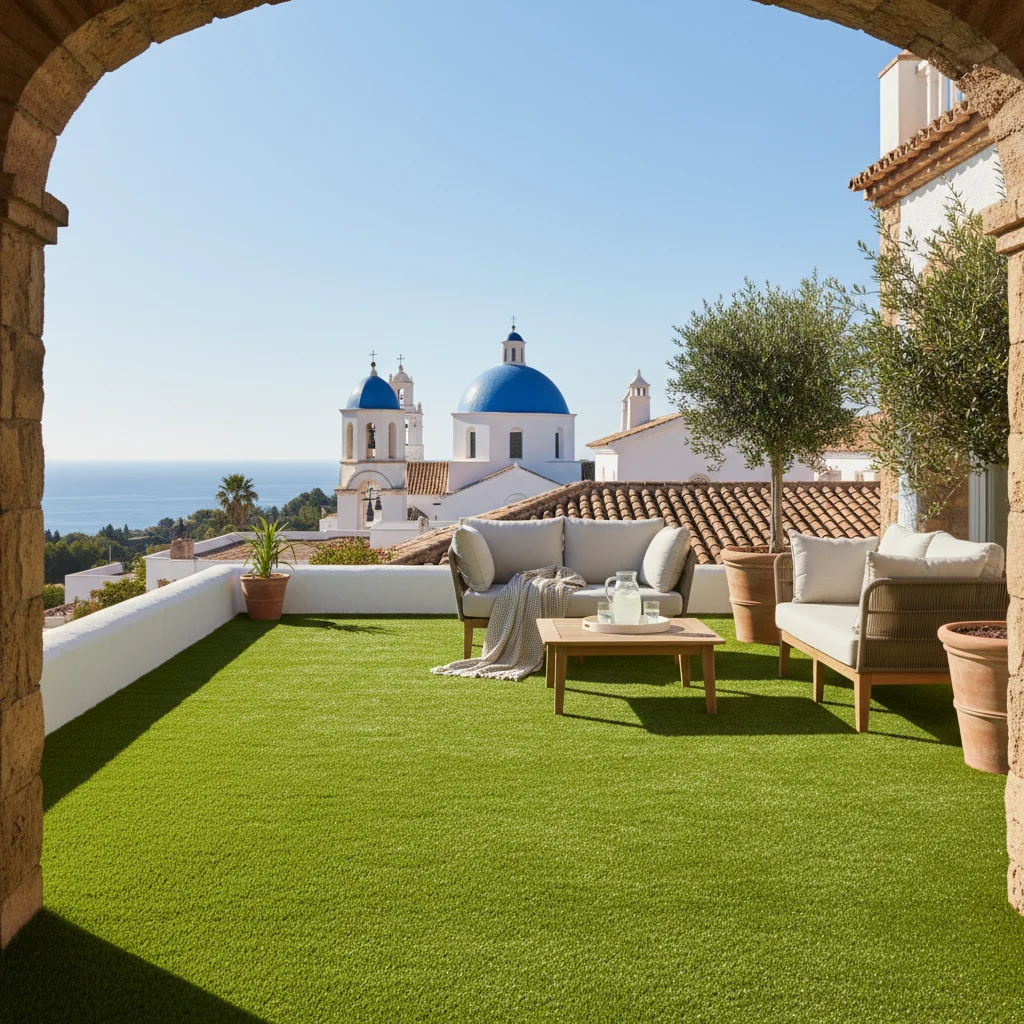 Instalación de césped artificial en una terraza mediterránea en Altea, Alicante