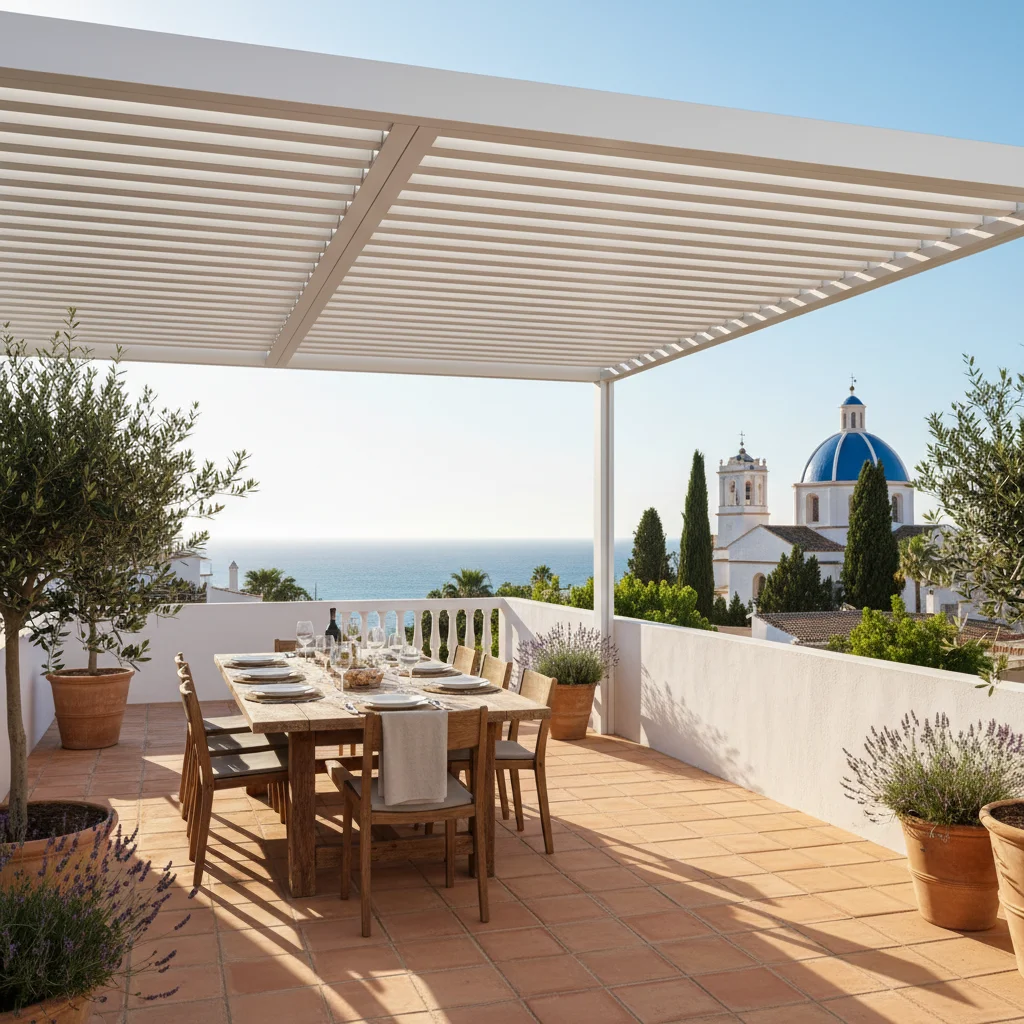 Instalación de pérgolas bioclimáticas en una terraza mediterránea en Altea, Alicante