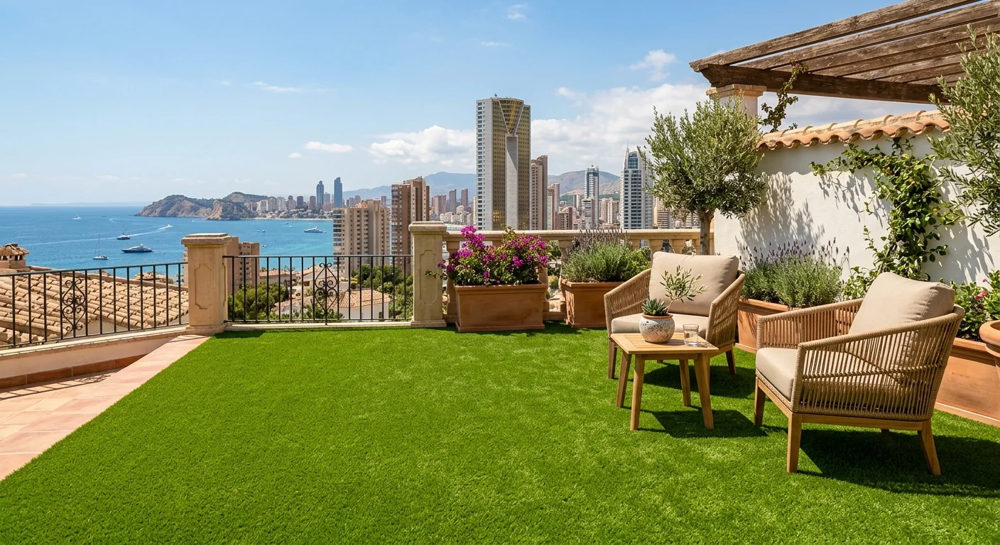 Instalación de césped artificial en una terraza mediterránea en Benidorm, Alicante