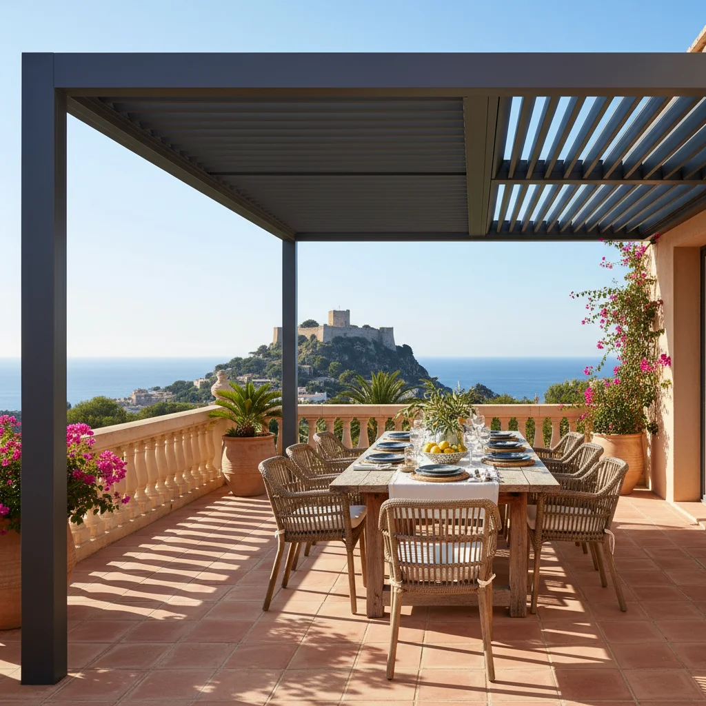 Bioclimatic Pergolas setup on a Mediterranean terrace in Denia, Alicante