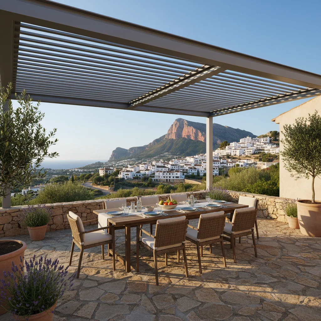 Instalación de pérgolas bioclimáticas en una terraza mediterránea en Finestrat, Alicante