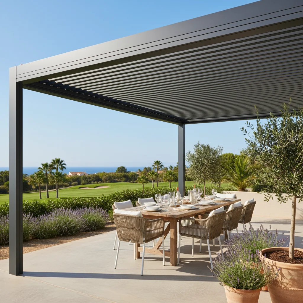 Bioclimatic Pergolas setup on a Mediterranean terrace in Los Montesinos, Alicante