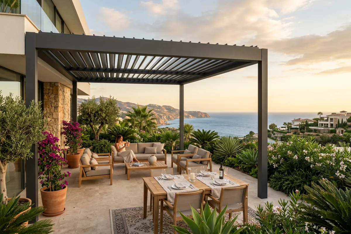 Bioclimatic Pergolas setup on a Mediterranean terrace in Manilva, Málaga