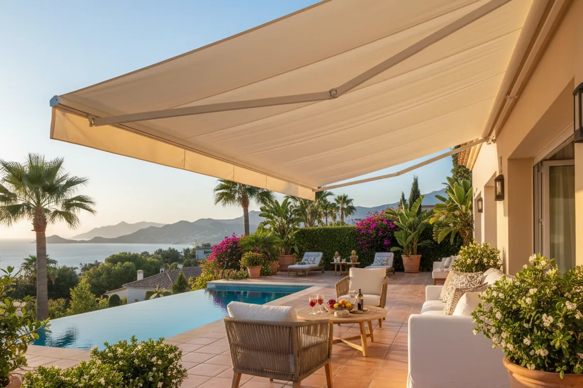 Instalación de toldos en una terraza mediterránea en Marbella, Málaga