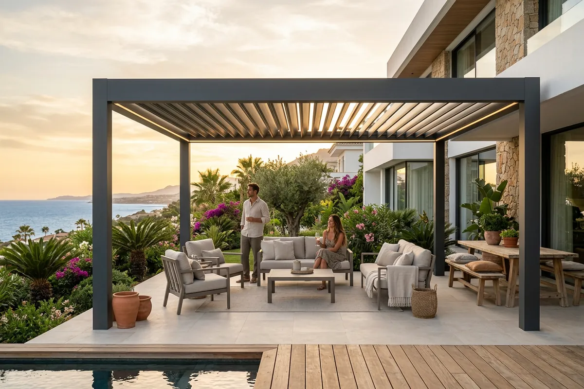 Bioclimatic Pergolas setup on a Mediterranean terrace in Marbella, Málaga