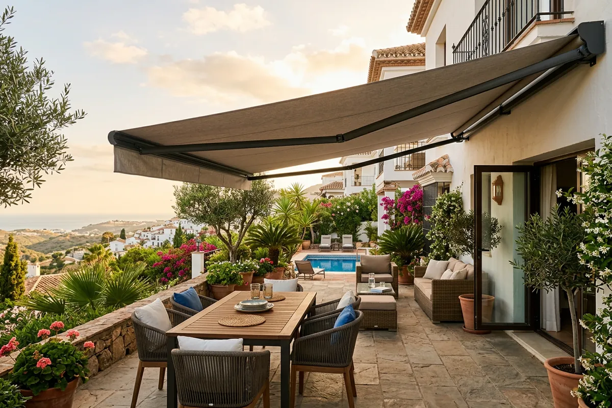 Instalación de toldos en una terraza mediterránea en Mijas, Málaga