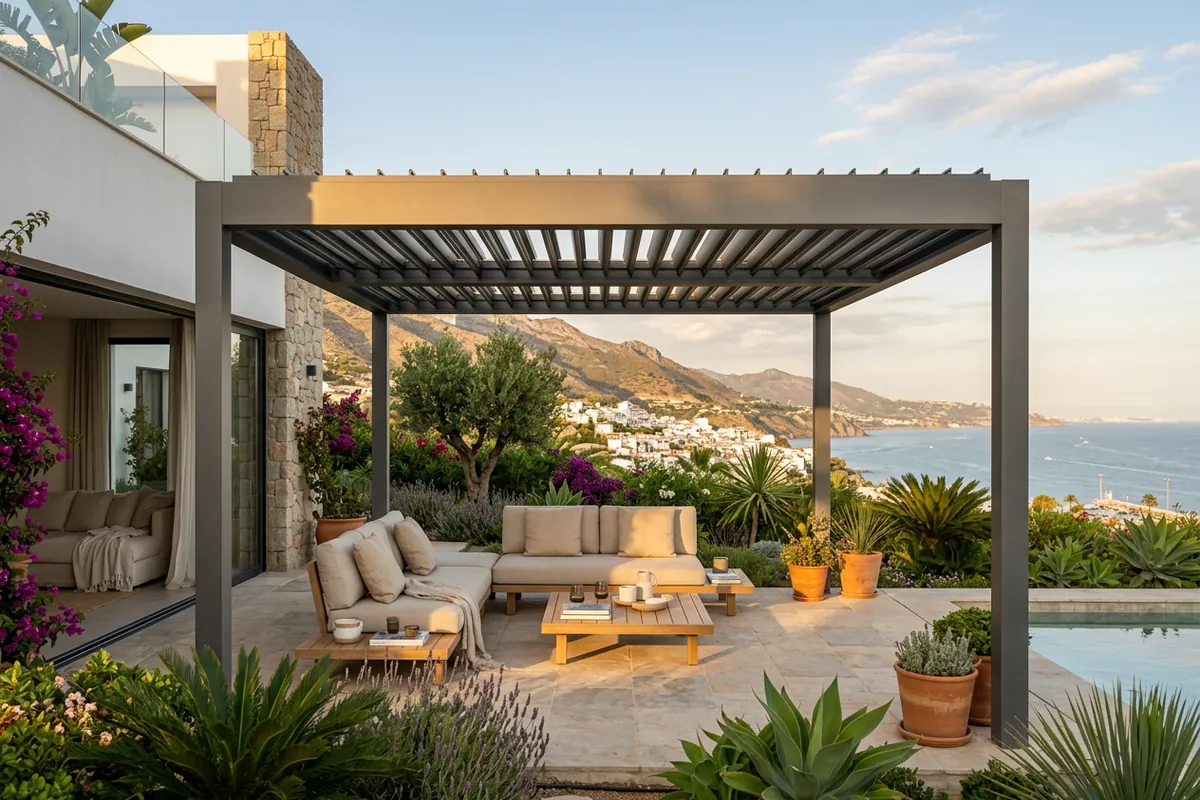 Bioclimatic Pergolas setup on a Mediterranean terrace in Mijas, Málaga