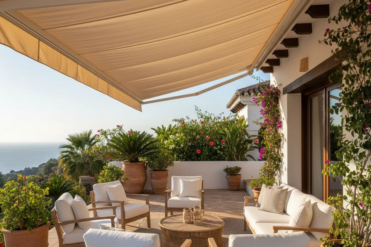 Instalación de toldos en una terraza mediterránea en Nerja, Málaga