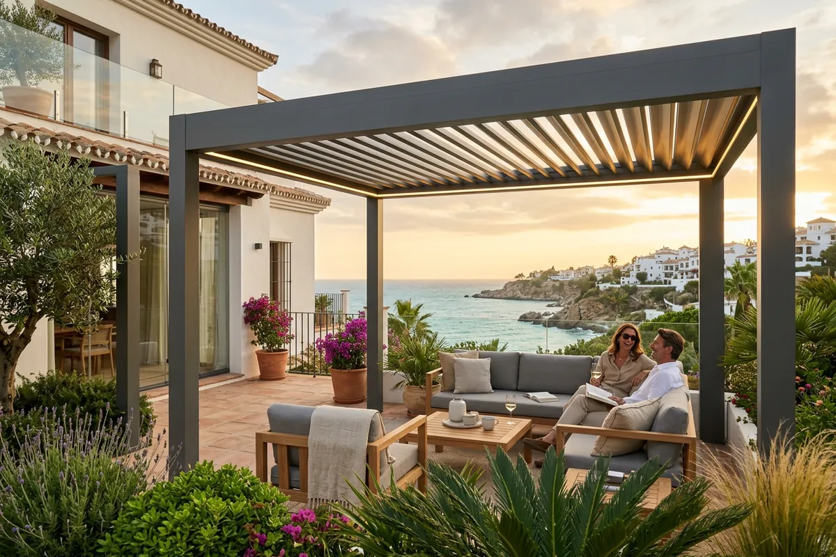 Bioclimatic Pergolas setup on a Mediterranean terrace in Nerja, Málaga