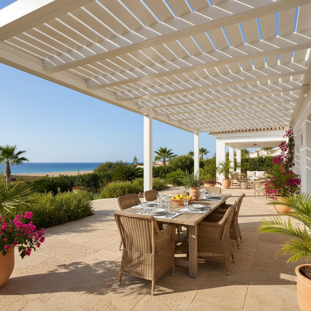 Instalación de pérgolas bioclimáticas en una terraza mediterránea en Pilar de la Horadada, Alicante