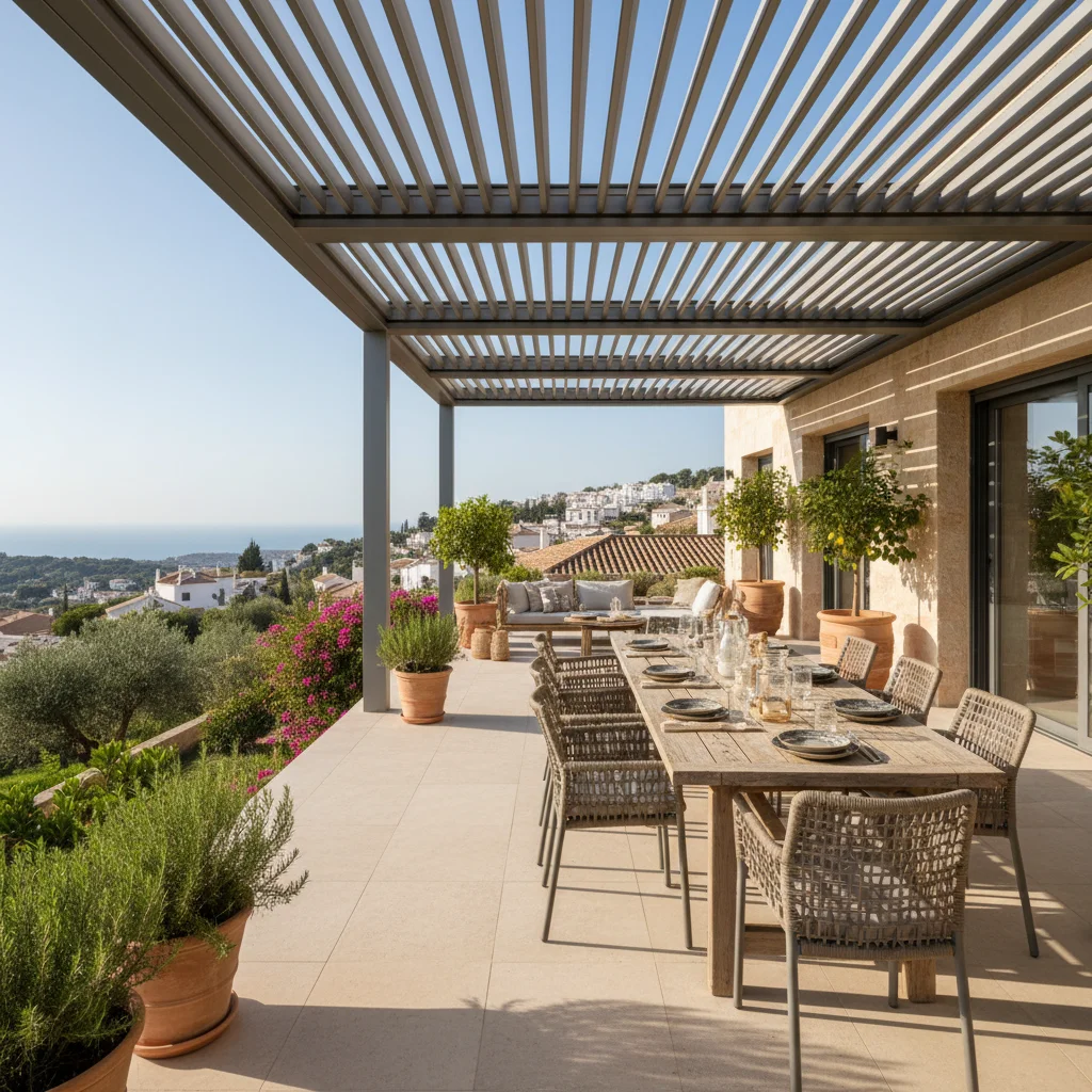 Bioclimatic Pergolas setup on a Mediterranean terrace in San Miguel de Salinas, Alicante