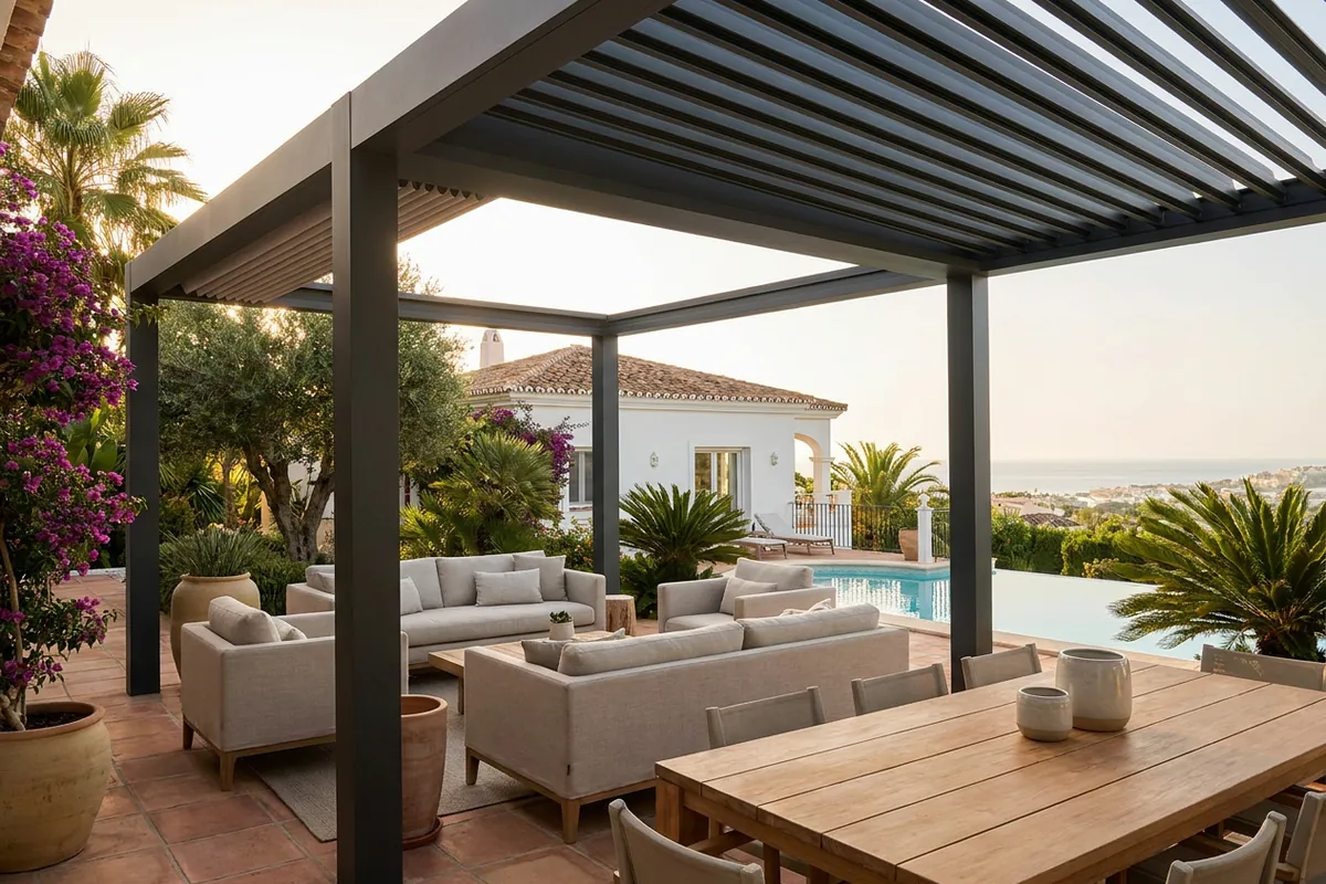 Instalación de pérgolas bioclimáticas en una terraza mediterránea en San Pedro de Alcántara, Málaga