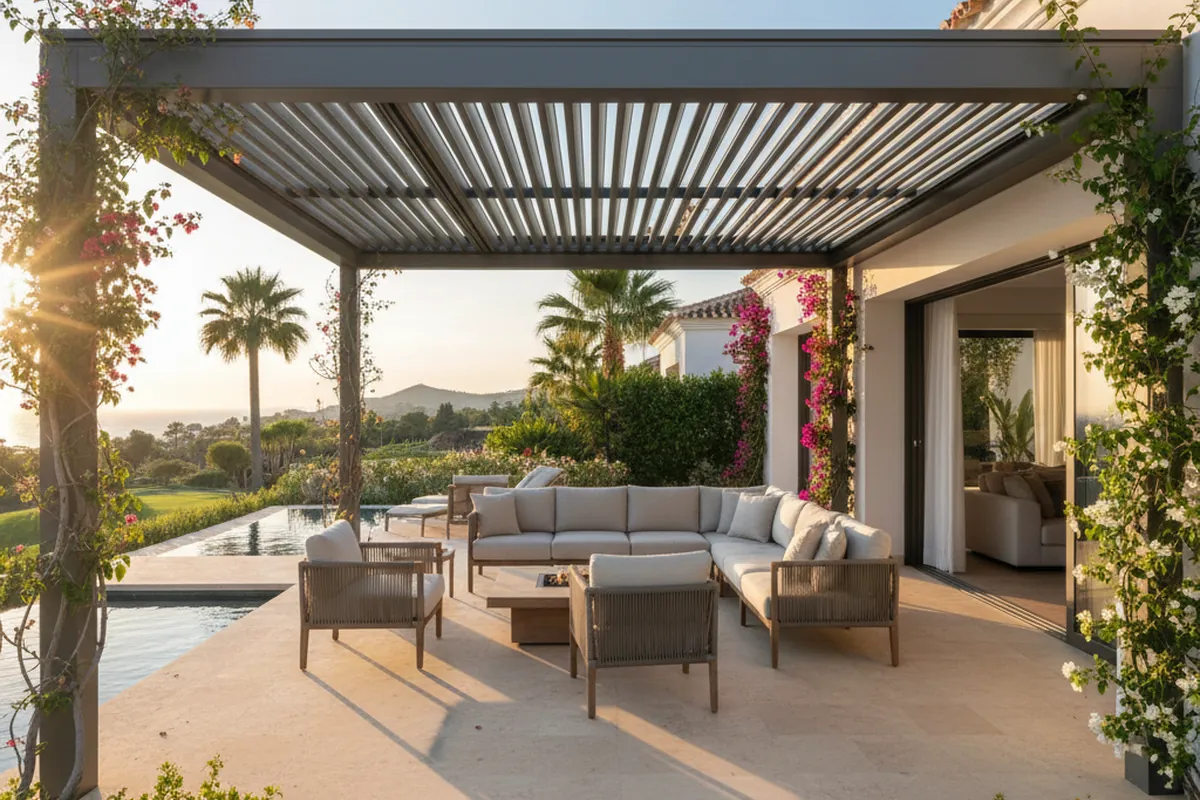 Bioclimatic Pergolas setup on a Mediterranean terrace in Sotogrande, Málaga